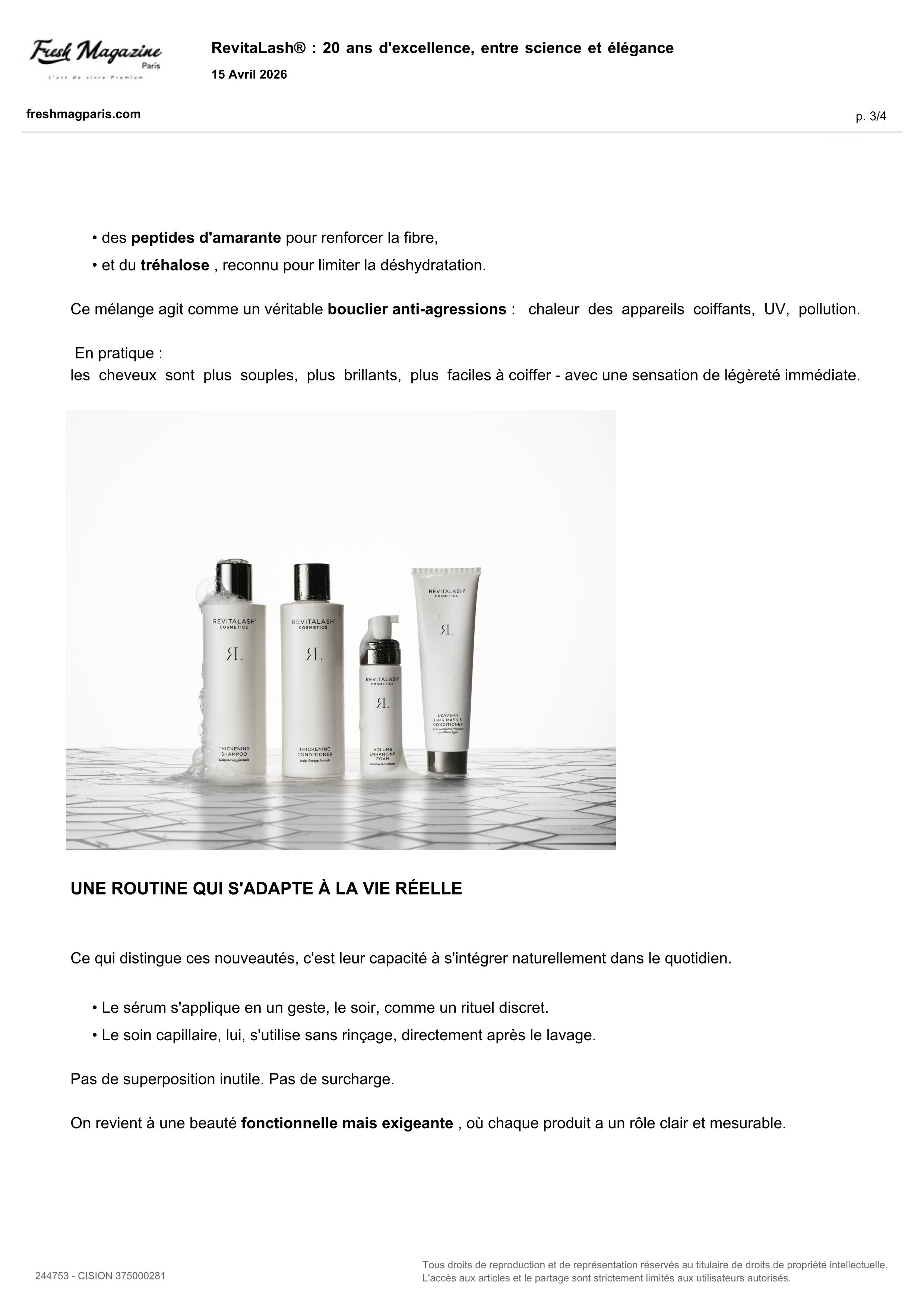 Leave-In Hair Mask & Conditioner de RevitaLash® Cosmetics paru dans Fresh Magazine - Avril 2026